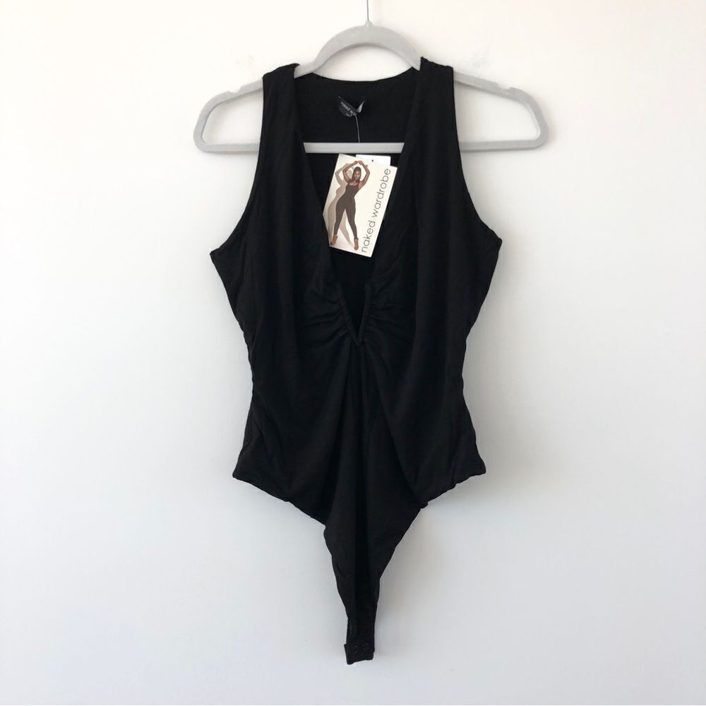 Naked Wardrobe V-notch Bodysuit Sleeveless Ruched Thong in Black Drapey Viscose